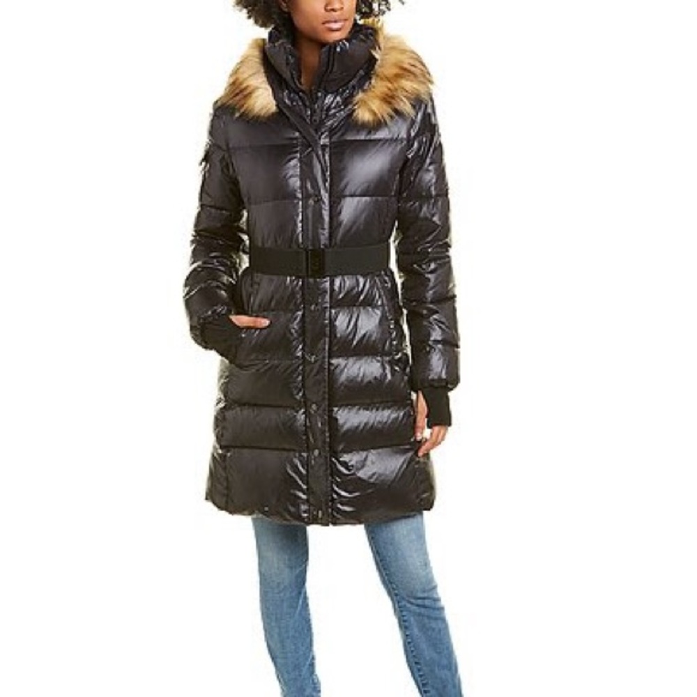 S13 Black Women's Chalet Belted Faux-Fur-Trim Hooded Down Puffer Coat Size XS